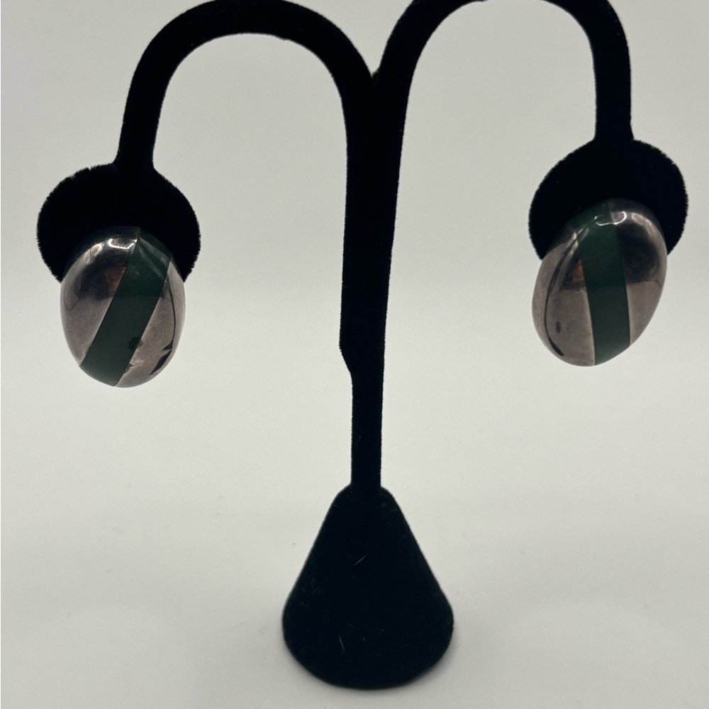 Sterling Silver and Green Jade Oval Earrings